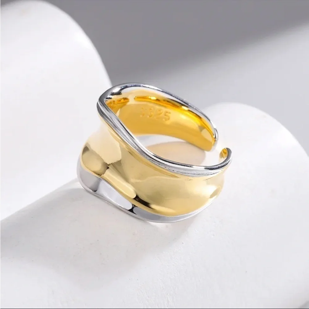 New Gold & 925 Sterling Silver Unique Wide Band Ring